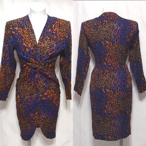 Flora Kung Vtg 80s Silk Leopard Print Dress 6 Twisted Ruched Tulip Hem Elegant